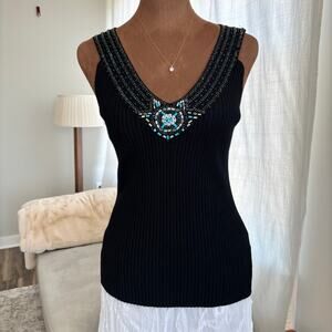 Vintage Y2K Belldini Black Knit Beaded Tank Top Ribbed Women's Size Large